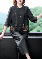 Women Black Mandarin Collar Oriental Button Tulle Patchwork Silk Two Piece Set Women Clothing Summer