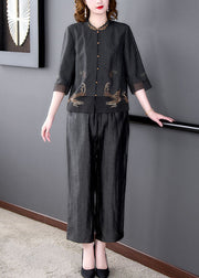 Women Black Mandarin Collar Oriental Button Tulle Patchwork Silk Two Piece Set Women Clothing Summer