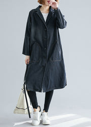 Women Black Notched Pockets Denim Trench Fall