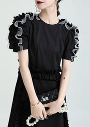 Women Black O-Neck Asymmetrical Design Patchwork Summer Cotton Sundress - bagstylebliss