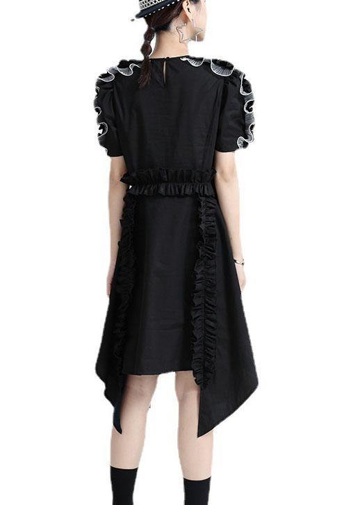 Women Black O-Neck Asymmetrical Design Patchwork Summer Cotton Sundress - bagstylebliss