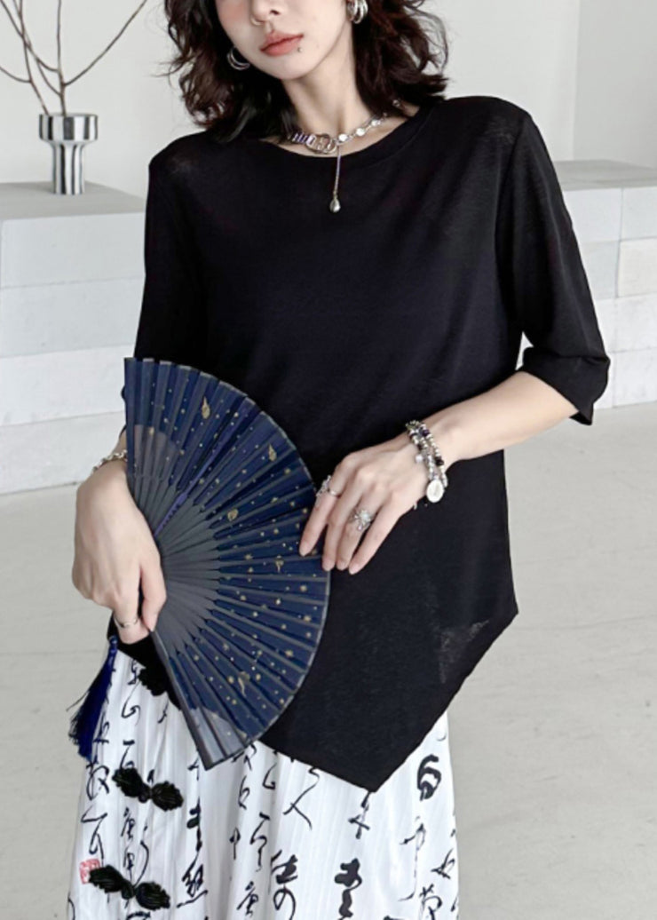 Women Black O-Neck Asymmetrical Patchwork Cotton T Shirt Half Sleeve