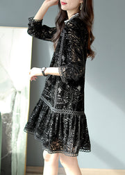 Women Black O-Neck Crochet Velour Pleated Dresses Long Sleeve