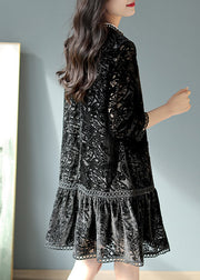 Women Black O-Neck Crochet Velour Pleated Dresses Long Sleeve