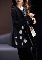 Women Black O-Neck Embroidered Button Cotton Waistcoat Sleeveless