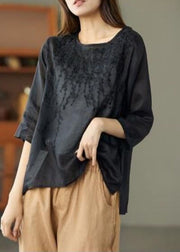 Women Black O Neck Embroidered Patchwork Linen T Shirt Summer