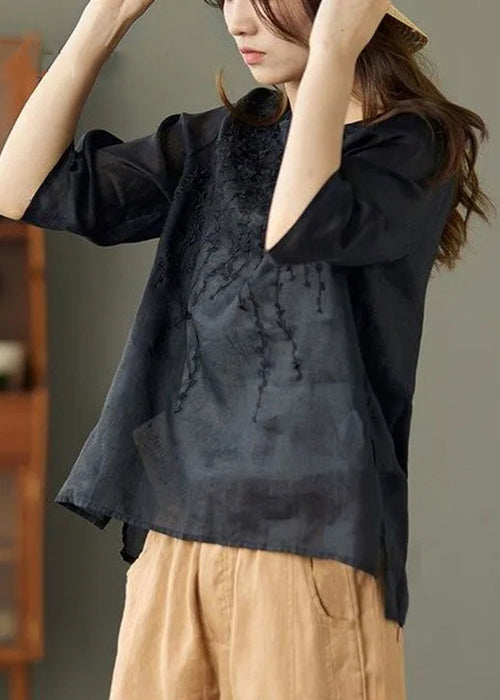 Women Black O Neck Embroidered Patchwork Linen T Shirt Summer