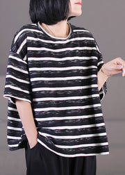 Women Black O-Neck Oversized Striped Cotton Tank Tops Short Sleeve