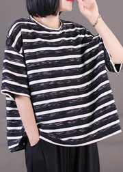 Women Black O-Neck Oversized Striped Cotton Tank Tops Short Sleeve