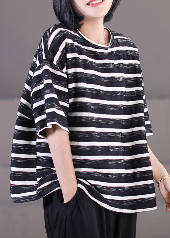 Women Black O-Neck Oversized Striped Cotton Tank Tops Short Sleeve