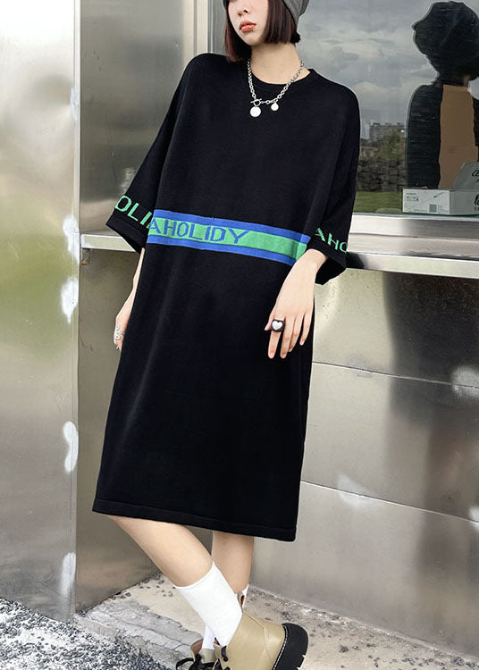 Women Black O-Neck Patchwork Casual Fall Holiday Dress Three Quarter sleeve