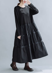 Women Black O-Neck Patchwork Cotton Dress Spring