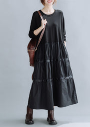 Women Black O-Neck Patchwork Cotton Dress Spring