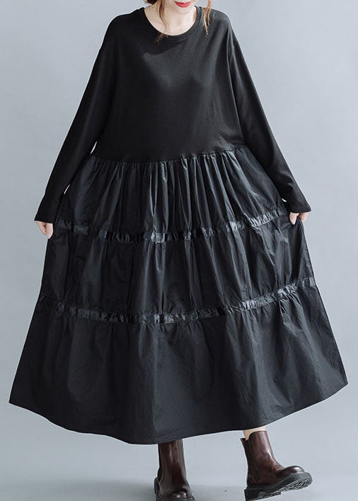 Women Black O-Neck Patchwork Cotton Dress Spring