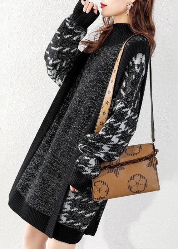 Women Black O-Neck Patchwork Knit Sweater Dress Winter