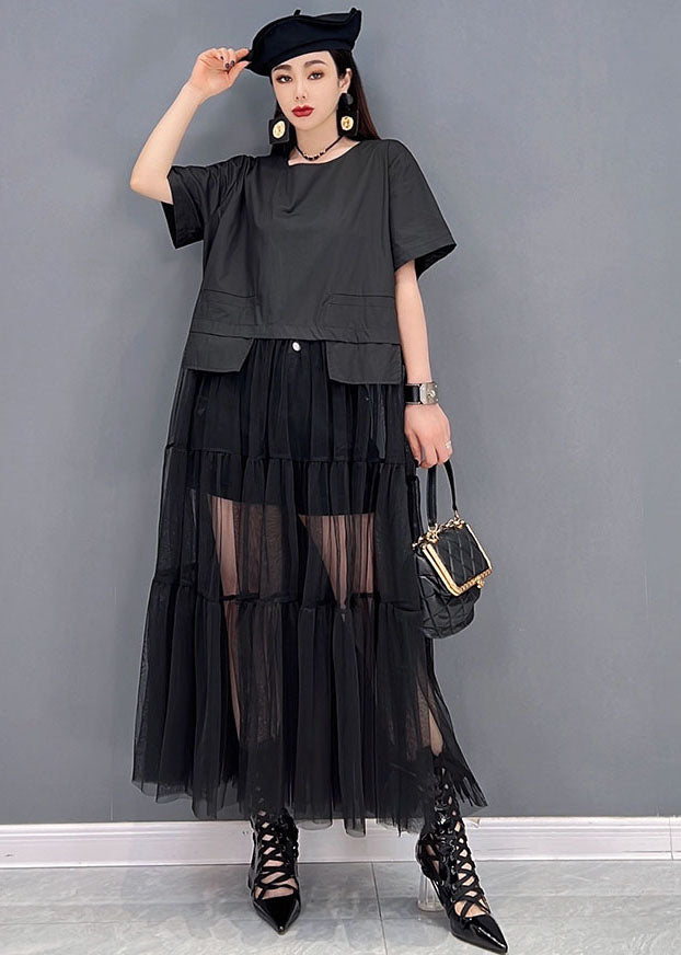 Women Black O-Neck Patchwork Tulle Long Dress Short Sleeve