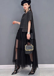 Women Black O-Neck Patchwork Tulle Long Dress Short Sleeve