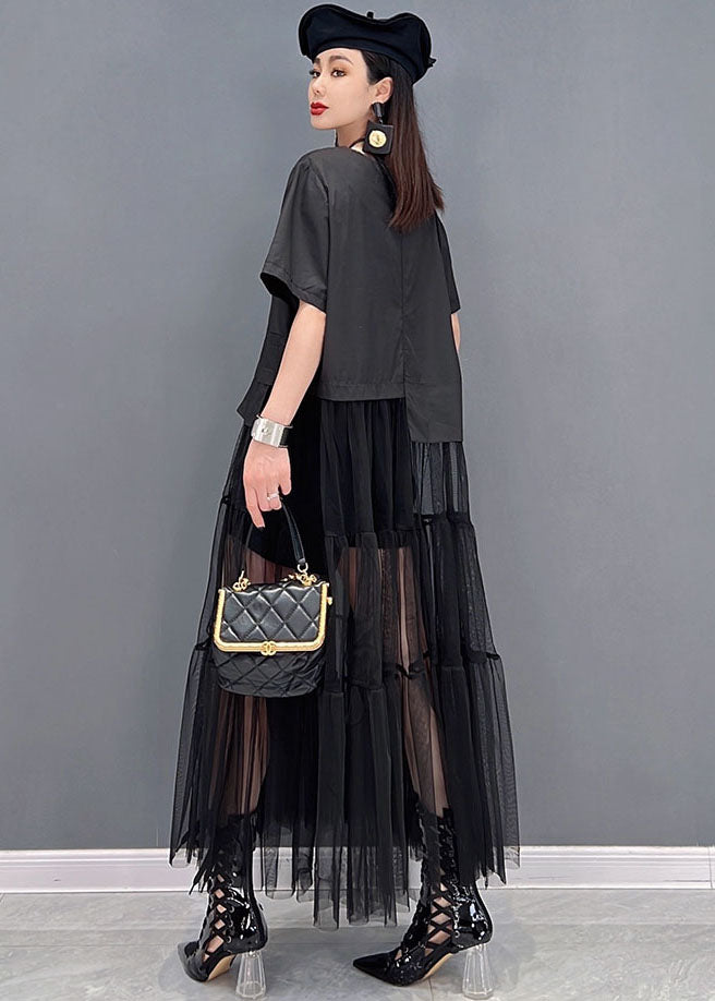 Women Black O-Neck Patchwork Tulle Long Dress Short Sleeve