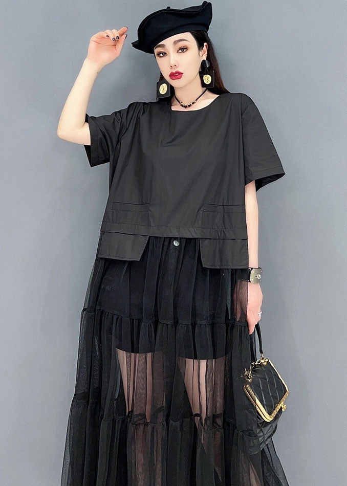 Women Black O-Neck Patchwork Tulle Long Dress Short Sleeve