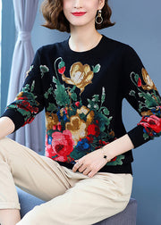 Women Black O Neck Print Wool Knit Sweater Long Sleeve