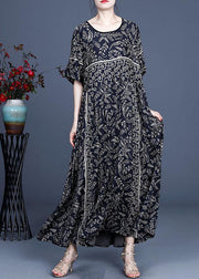 Women Black O-Neck Vintage Summer Silk Blended Maxi Dresses - bagstylebliss