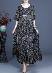 Women Black O-Neck Vintage Summer Silk Blended Maxi Dresses - bagstylebliss