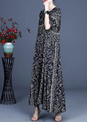 Women Black O-Neck Vintage Summer Silk Blended Maxi Dresses - bagstylebliss