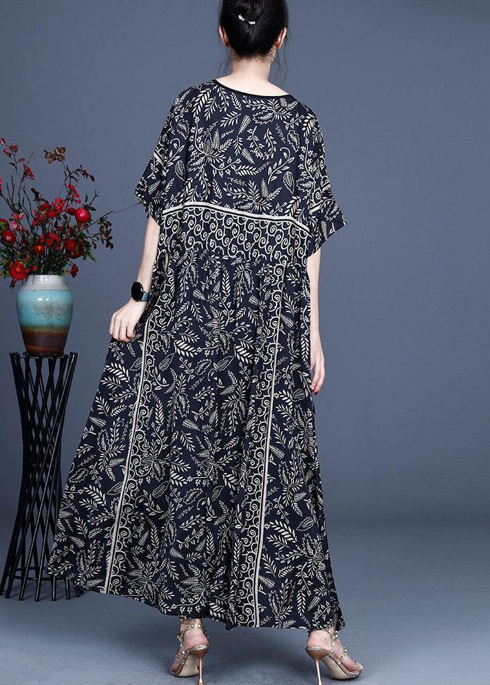 Women Black O-Neck Vintage Summer Silk Blended Maxi Dresses - bagstylebliss