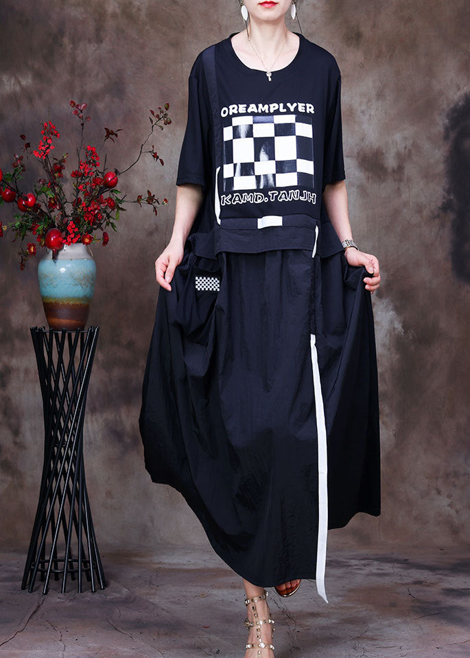 Women Black O-Neck White Plaid Applique Oversized Cotton Sweatshirt Dresses Short Sleeve