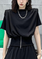 Women Black O-Neck Zip Up Patchwork Cotton T Shirt Top Summer