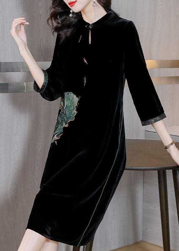 Women Black O-NeckPockets Button Silk Velour Long Dresses Bracelet Sleeve