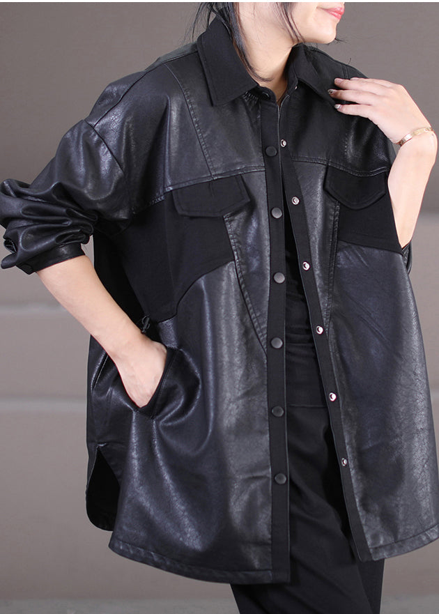 Women Black Oversized Patchwork Faux Leather Coat Outwear Spring