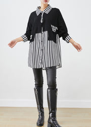 Women Black Oversized Patchwork Striped Cotton Sweatshirts Top Fall