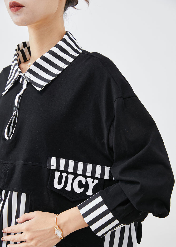 Women Black Oversized Patchwork Striped Cotton Sweatshirts Top Fall