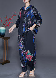 Women Black Oversized Print Chinese Button Two Pieces Set Fall