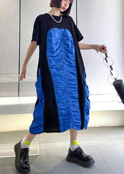 Women Black Patchwork Blue O-Neck Long Summer Cotton Dress - bagstylebliss