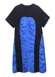Women Black Patchwork Blue O-Neck Long Summer Cotton Dress - bagstylebliss