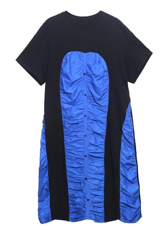 Women Black Patchwork Blue O-Neck Long Summer Cotton Dress - bagstylebliss