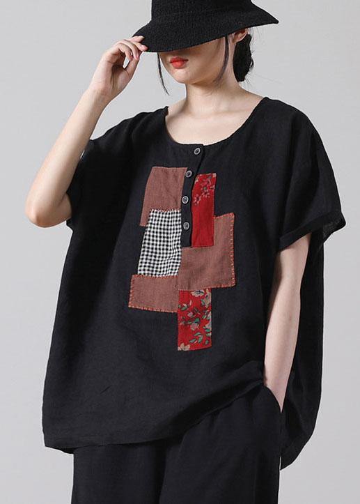 Women Black Patchwork Shirt Short Sleeve Cotton Linen - bagstylebliss