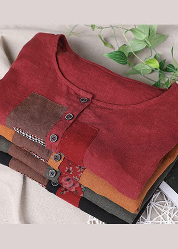 Women Black Patchwork Shirt Short Sleeve Cotton Linen - bagstylebliss