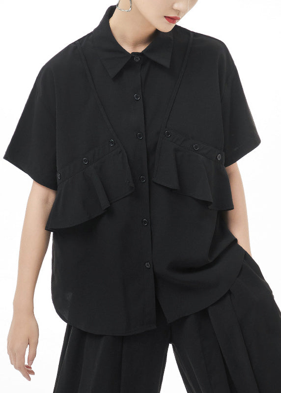 Women Black Peter Pan Collar Asymmetrical Design Shirt Tops Short Sleeve