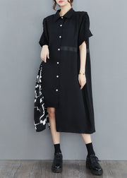 Women Black Peter Pan Collar Asymmetrical Print Patchwork shirt Dresses Half Sleeve