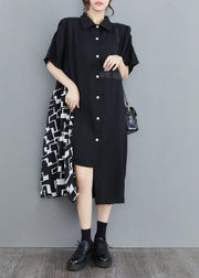 Women Black Peter Pan Collar Asymmetrical Print Patchwork shirt Dresses Half Sleeve