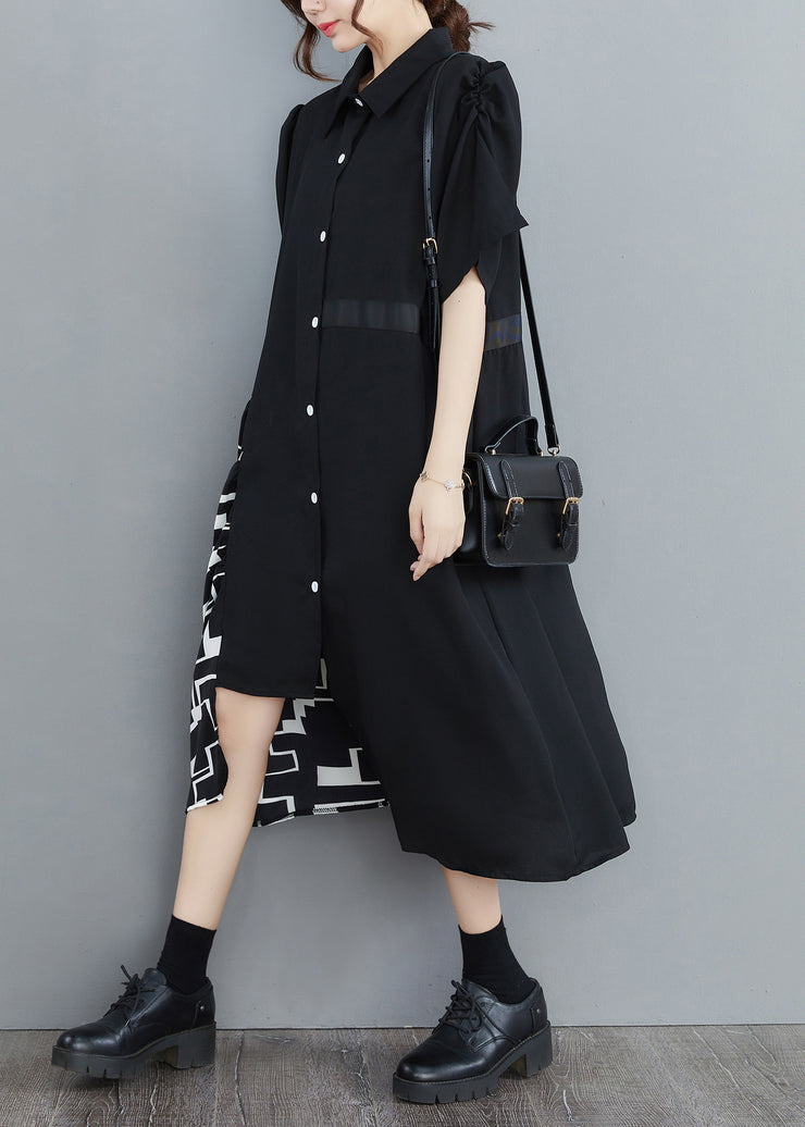 Women Black Peter Pan Collar Asymmetrical Print Patchwork shirt Dresses Half Sleeve