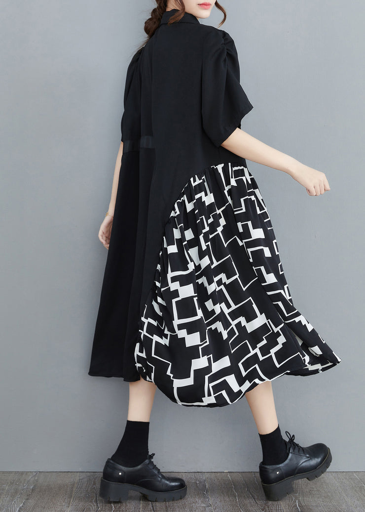 Women Black Peter Pan Collar Asymmetrical Print Patchwork shirt Dresses Half Sleeve