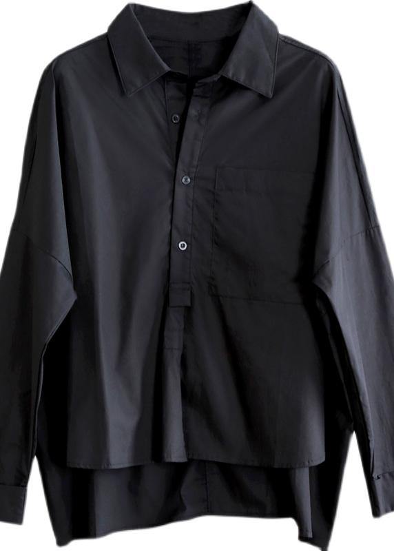 Women Black Peter Pan Collar Button Cotton Shirt Summer - bagstylebliss