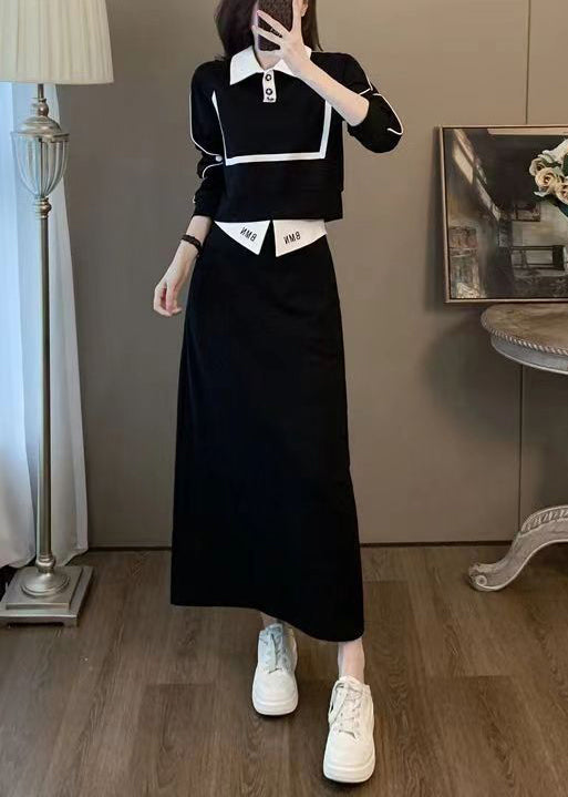 Women Black Peter Pan Collar High Waist Cotton Two Pieces Set Spring