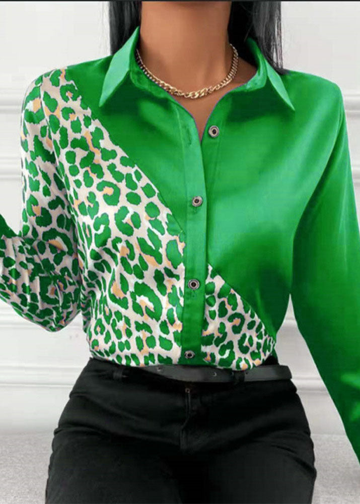 Women Black Peter Pan Collar Patchwork Leopard Print Silk Shirts Long Sleeve