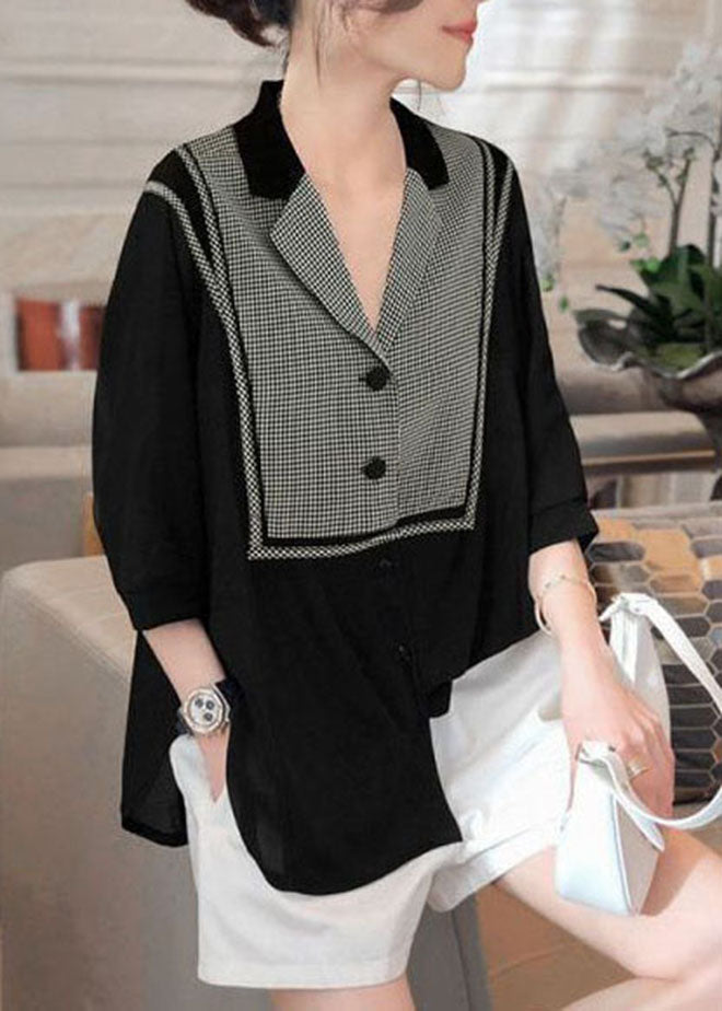 Women Black Peter Pan Collar Plaid Patchwork shirt top Three Quarter sleeve