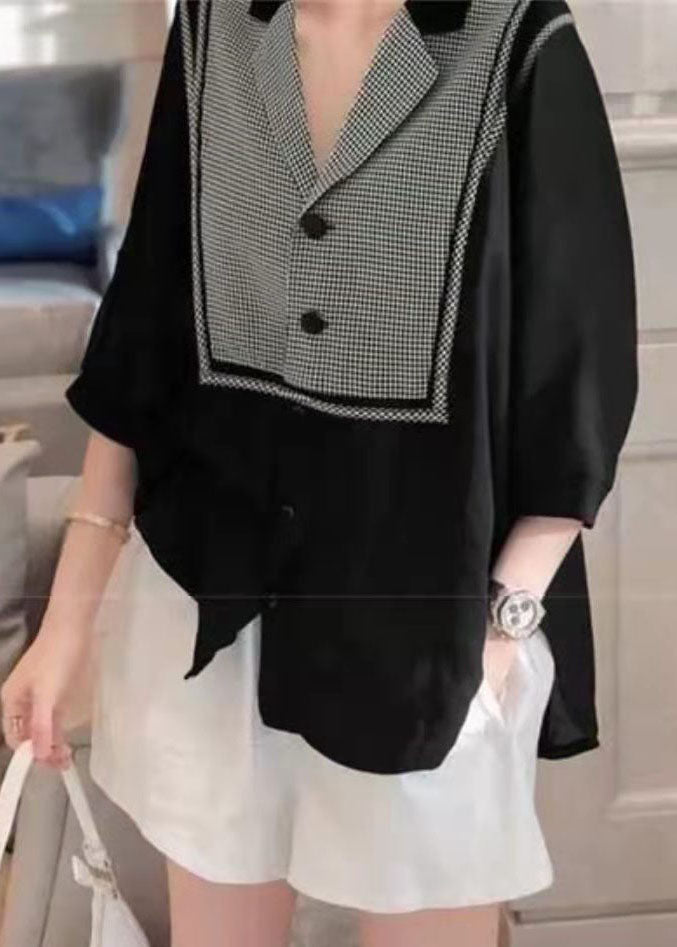 Women Black Peter Pan Collar Plaid Patchwork shirt top Three Quarter sleeve